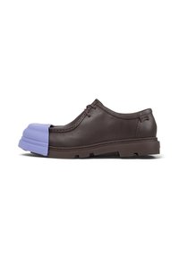 Brown leather shoe featuring a distinct purple rubber toe cap, showcasing a unique and modern design with a textured sole.