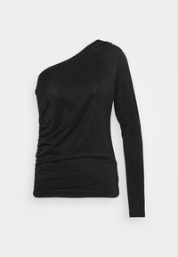 Schwarzes, einseitig tragbares Oberteil mit taillierter Passform. Hergestellt aus glänzendem, strukturiertem Stoff mit gerafftem Detail an der Seite. Lange Ärmel auf einer Seite.