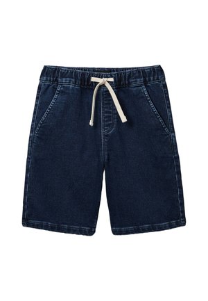 Short en jean bleu foncé avec taille élastique et cordon blanc, doté de poches avant et d’un ourlet droit.
