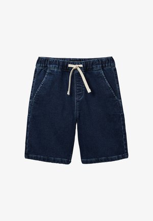 Short en jean bleu foncé avec taille élastique et cordon blanc, doté de poches avant et d’un ourlet droit.