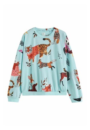 Šviesiai mėlynas džemperis su spalvingų iliustruotų gyvūnų piešiniais, įskaitant tigrus, lapės, triušius ir elnius, vilkinčius šalikus ir apsuptus lapų.