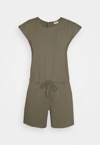 Olivgrön kort byxdress i mjukt tyg, med korta ärmar, rund halsringning, justerbart midjeband och sidofickor.