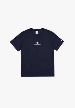 T-shirt in cotone blu navy con colletto rotondo, maniche corte e un piccolo logo ricamato bianco e rosso sul petto e sulla manica.