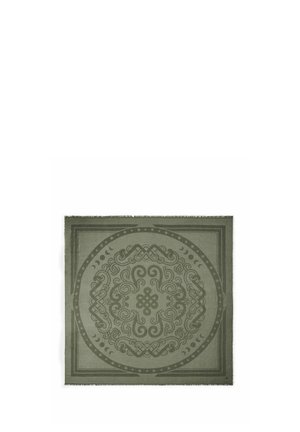 Square fabric with symmetrical Celtic knot and swirling patterns inside concentric circle and border, in muted green tones.