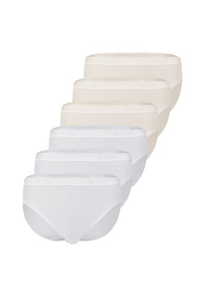 Six women's cotton briefs in a row, three white pairs in front and three beige pairs behind, all with a scalloped elastic waistband.