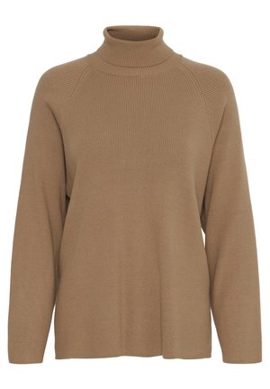 Brun ribbet turtle neck trøje med lange ærmer og afslappet pasform, der har en høj krave og blød tekstur.