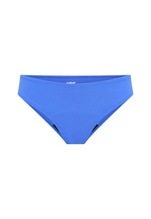 Blaue Bikinihose mit glatter Textur, hohem Schnitt und schwarzen Akzenten an den Seiten. Das Material wirkt dehnbar und leicht.