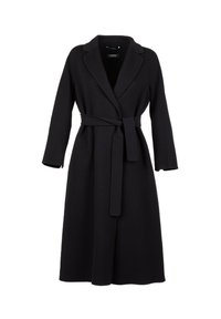 Cappotto di lana nera con una forma strutturata, colletto a rever, maniche lunghe e una cintura coordinata in vita. Texture liscia con un taglio sino al ginocchio.