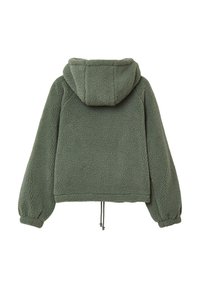Giacca in pile verde con cappuccio, design cropped, polsini elasticizzati e orlo con cordoncino. Superficie texturizzata con un aspetto morbido.