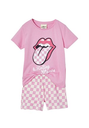 Pinkes Kurzarmshirt mit Rolling Stones Zungenlogo und passendem pink-weiß kariertem Shorts-Set für die Freizeit.