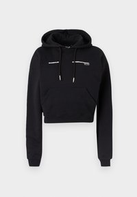 Sweatshirt preta corta, feita de mistura de algodão, com cordões, bolso frontal tipo canguru e logótipo branco impresso no peito.