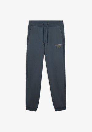 Pantalons de survêtement bleu marine en tissu doux, dotés d'une taille élastique avec cordons de serrage, de poches latérales et d'un logo doré "FREDDY TRAINING".