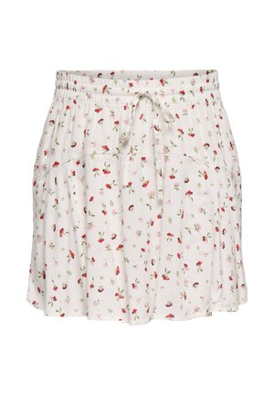Biała spódnica z elastycznym pasem i troczkiem, z małym czerwonym i różowym kwiatowym nadrukiem oraz kieszeniami po bokach.