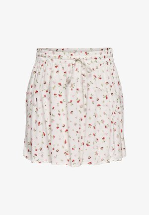 Biela sukňa s elastickým pásom a sťahovacou šnúrkou, s malým červeným a ružovým kvetinovým vzorom a bočnými vreckami.