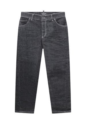 Sorte jeans med lige ben, forlommer, bæltestropper, knaplukning og synlige hvide syninger.