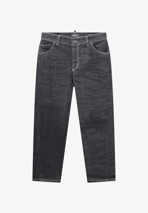 Zwarte jeans met rechte pijpen, voorzakken, riemlussen, knoopsluiting en zichtbare witte stikseldetails.