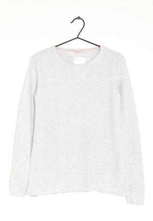 Light gray long-sleeve sweater with textured knit front panel, round neckline, hanging on black hanger against white background.
