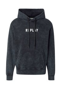 Černá mikina s kapucí a texturovaným povrchem, stahovací kapuce, přední kapsa a logo "RIPLAY" v bílé barvě. Obsahuje žebrované manžety a lem.