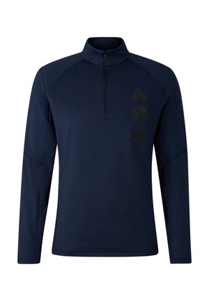 Navy quarter-zip pullover made of smooth fabric, featuring three subtle black icons on the left chest and long sleeves with set-in shoulders.