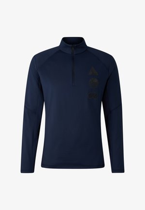 Navy quarter-zip pullover made of smooth fabric, featuring three subtle black icons on the left chest and long sleeves with set-in shoulders.