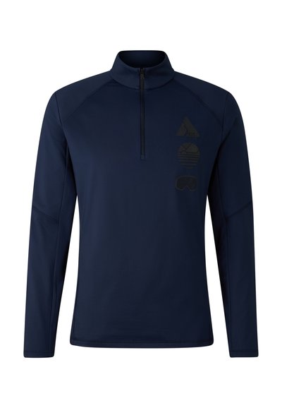 Marineblauer Pullover mit Viertelreißverschluss aus glattem Stoff, mit drei dezenten schwarzen Icons auf der linken Brust und langen Ärmeln mit eingesetzten Schultern.