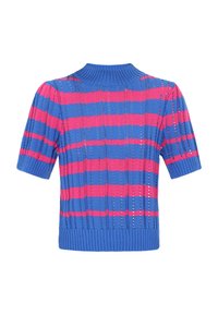 Sweter z krótkim rękawem wykonany z dzianiny, w poziome paski w odcieniach niebieskiego i różowego, z teksturowanym wzorem i ażurowymi detalami oraz z prążkowanym dekoltem.