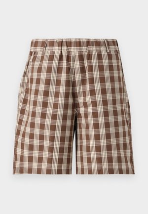Ruskeat ruudulliset shortsit, joissa on joustava vyötärö, vaaleanbeigejä ruutukuoseja ja sivutaskut. Valmistettu kevyestä kankaasta.
