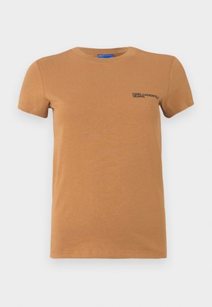 Rövid ujjú, világosbarna környakú póló, bal mellen "KARL LAGERFELD JEANS" felirattal.