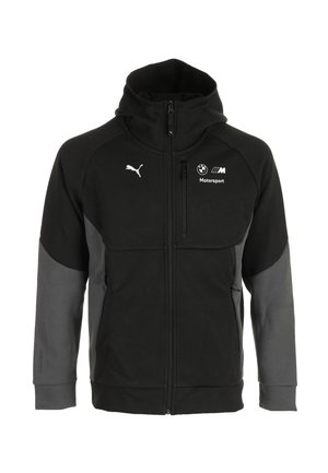 Giacca con cappuccio nera e grigia con zip, con loghi Puma e BMW Motorsport sul petto, dotata di una tasca con zip sul petto e maniche lunghe.