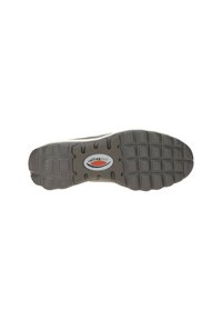 Grijze rubberen zool met een gestructureerd patroon, cirkelvormige branding en een licht verhoogde rand voor verbeterde grip en ondersteuning.