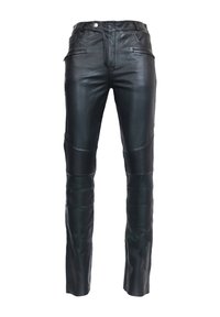 Zwarte leren broek met een strakke pasvorm, voorzien van ribbelaccenten op de dijen, ritszakken en een knoopsluiting in de taille.