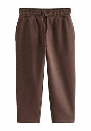 Braune Sweatpants mit elastischem Taillenbund, Kordelzug und Seitentaschen. Weicher Stoff, taillierter Beinanschnitt und Steppdetails.
