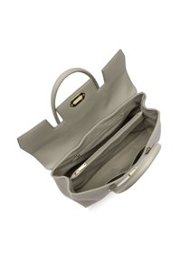 Borsa a mano in pelle grigio chiaro con design strutturato, manico superiore e ferrature dorate. L'interno presenta più scomparti e una tasca con cerniera.