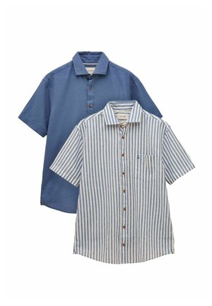 Two short-sleeve button-up shirts, one solid blue and one white with vertical blue stripes, both with collars and front pockets.