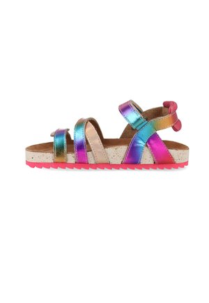 Child's sandal with three rainbow metallic straps, cork-textured sole, and bright pink rubber outsole, on a white background.