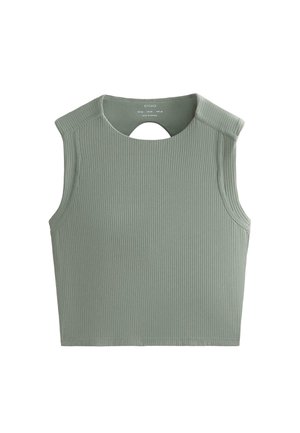 Brezrokavnik iz rebrastega materiala, kratka zgornja majica v zatemnjeni zeleni barvi z širokimi naramnicami in okroglim izrezom z majhnim ključavničnim izrezom na hrbtni strani.