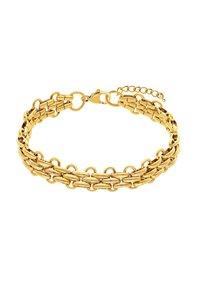 Gouden metalen armband met een schakelingdesign van onderling verbonden ketens met gladde ovale schakel en een karabijnsluiting, verstelbaar met een kettingverlenging.