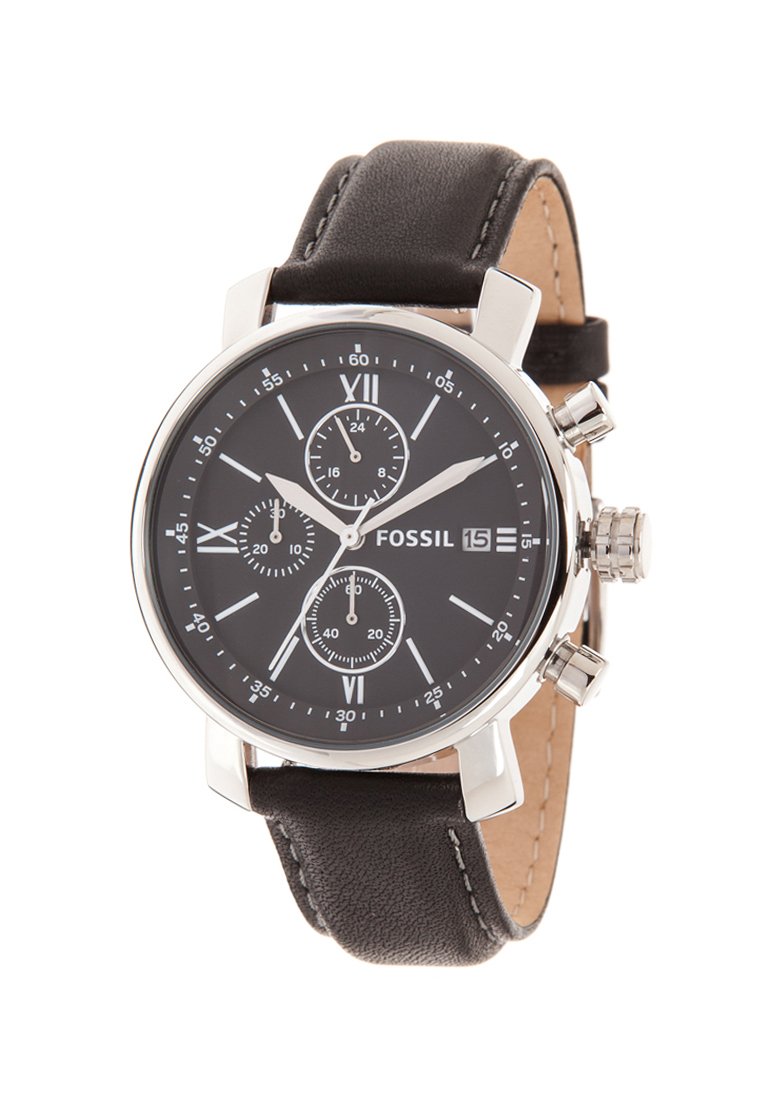 Runde silberne Metalluhr mit schwarzem Zifferblatt, römischen Ziffern, Chronographen-Subdials und einem schwarzen Lederarmband mit beiger Naht.