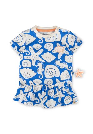 Vestitino blu e bianco per bambino con motivi marini tra cui stelle marine, cavallucci marini e conchiglie, con orlo arricciato e una piccola stella marina di stoffa sul lato.
