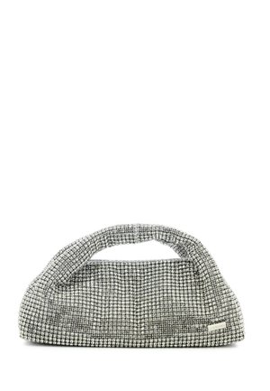 Piccola pochette da sera argento coperta di strass scintillanti con manico morbido e imbottito.