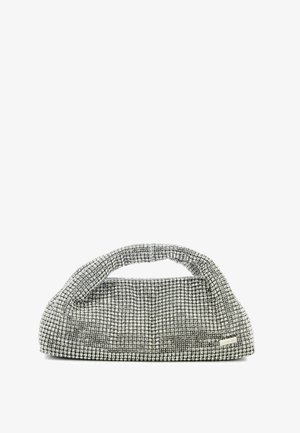 Piccola pochette da sera argento coperta di strass scintillanti con manico morbido e imbottito.