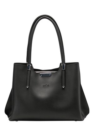 Sac à main en cuir noir avec deux longues anses, fermeture éclair argentée et petite plaque métallique avec logo sur le centre avant.