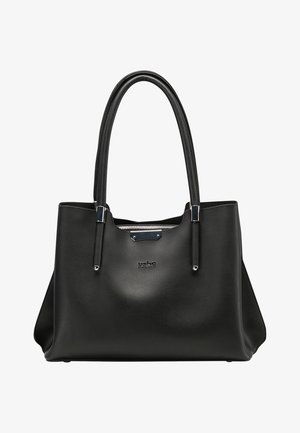 Sac à main en cuir noir avec deux longues anses, fermeture éclair argentée et petite plaque métallique avec logo sur le centre avant.