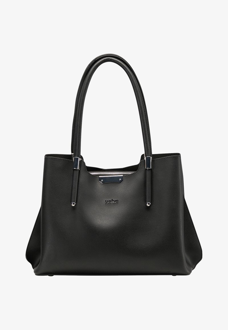 Sac à main en cuir noir avec deux longues anses, fermeture éclair argentée et petite plaque métallique avec logo sur le centre avant.