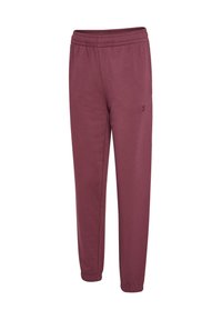 Bordowe spodnie dresowe z elastycznym pasem, zwężanymi nogawkami i subtelnym logo na udzie. Wykonane z miękkiego, oddychającego materiału.