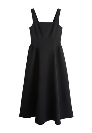 Zwarte mouwloze midi-jurk met een vierkante halslijn en een uitlopende rok.