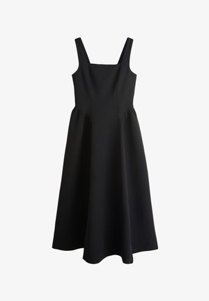 Zwarte mouwloze midi-jurk met een vierkante halslijn en een uitlopende rok.
