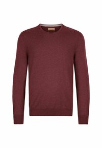 Bordeauxroter Pullover aus weichem, gestricktem Stoff. Mit Rundhalsausschnitt, langen Ärmeln und gerippten Bündchen und Saum. Minimalistisches Design, keine Muster.