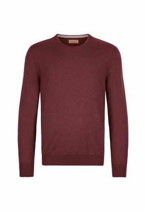 Burgundowy sweter wykonany z miękkiego, dzianinowego materiału. Posiada okrągły dekolt, długie rękawy oraz ściągacze przy mankietach i dolnym brzegu. Minimalistyczny design, bez wzorów.