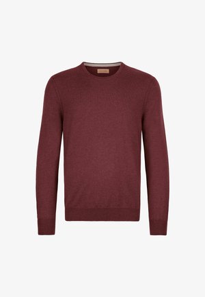 Burgundowy sweter wykonany z miękkiego, dzianinowego materiału. Posiada okrągły dekolt, długie rękawy oraz ściągacze przy mankietach i dolnym brzegu. Minimalistyczny design, bez wzorów.